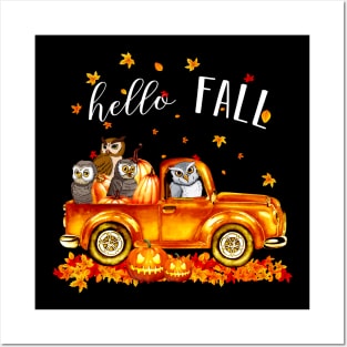 Owls Hello Fall - Owls In Car Pumpkin Halloween T-shirt Owls Autunm Gift Posters and Art